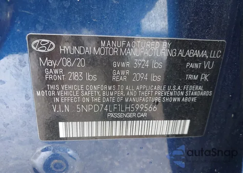 2020 Hyundai Elantra Se z USA, uszkodzony, nr VIN 5NPD74LF1LH599566